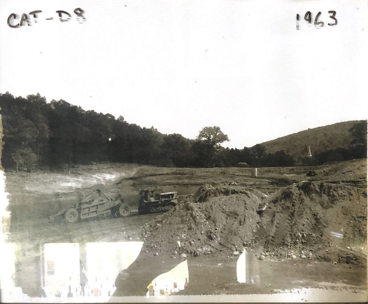 Black and white photo of the lake being excavated in 1963